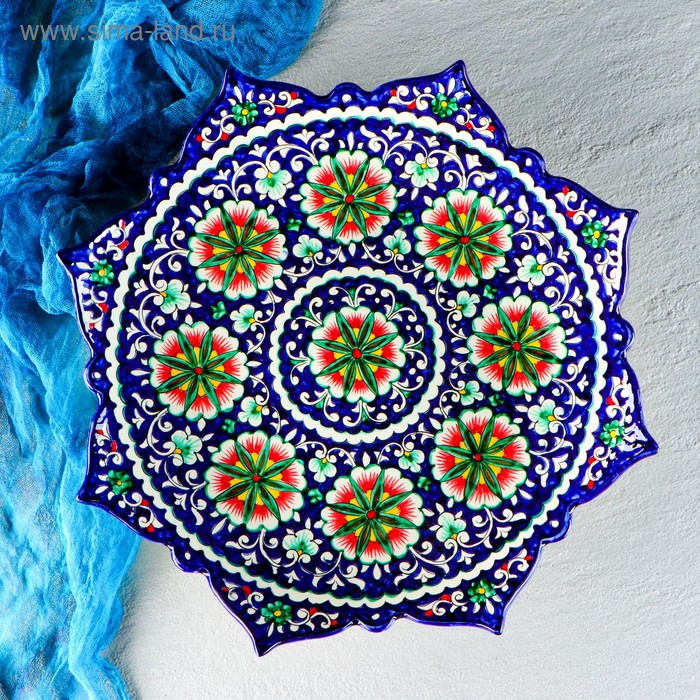 Ляган Риштанская Керамика  Ляган Риштанская Керамика "Цветы", 41 см, рифлёный, синий