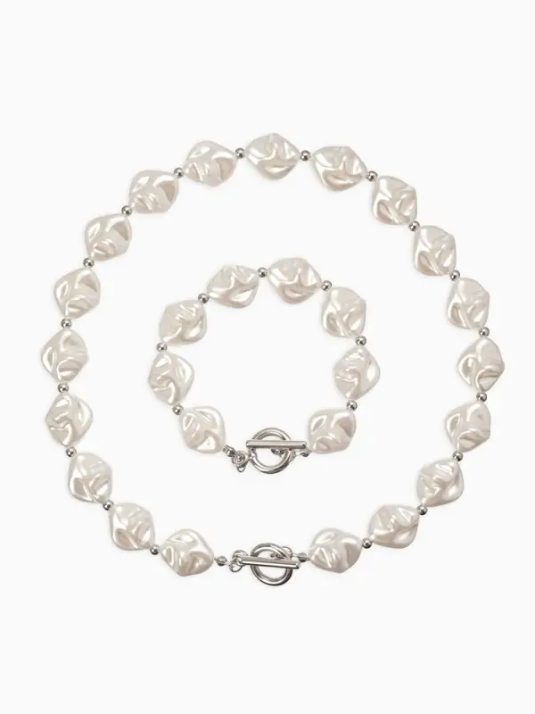 Набор 2 пред-та: бусы,браслет "Жемчуг барочный", ромб. 40/18см, цвет белый в серебре