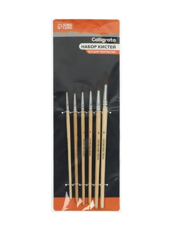 Набор кистей для рисования, белка, 6 штук: № 1, 2, 3, 4, 5, 6, круглые, деревянная ручка, международный размер