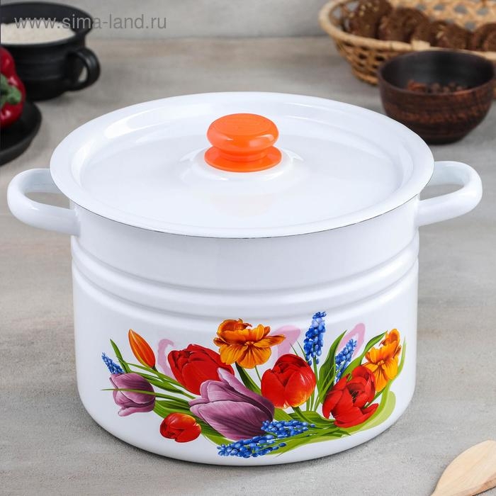 Кастрюля эмалированная цилиндрическая «Тюльпан Май», 8 л, цвет белый Кастрюля эмалированная цилиндрическая «Тюльпан Май», 8 л, цвет белый