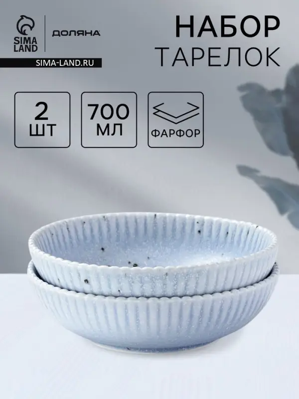 Тарелки глубокие Доляна &laquo;Коралл&raquo;, 700 мл, d=18.2 см, набор 2 шт., фарфор, голубые