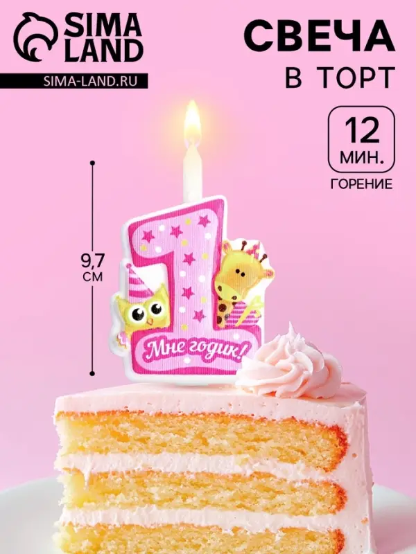 Свеча в торт &laquo;Мне годик!&raquo; с жирафом и совой, 9.7 см, 12 мин, 40 г