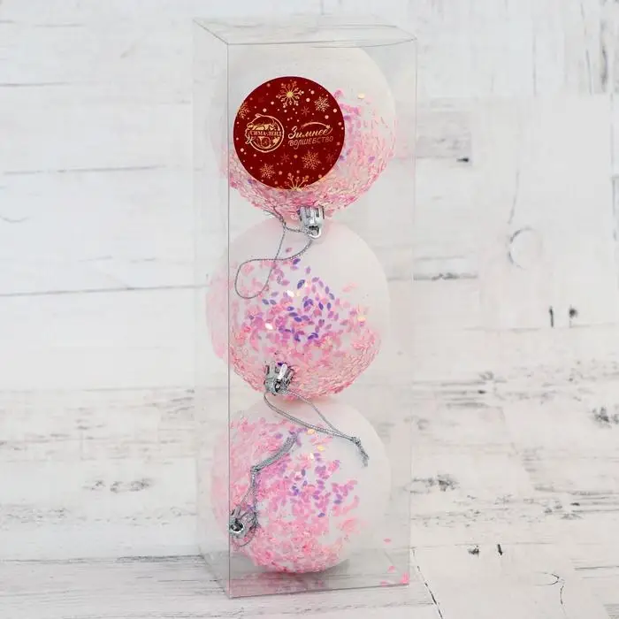 Ёлочные игрушки «Новелла блеск», шары новогодние, d=8 см, 3 шт., бело-розовый