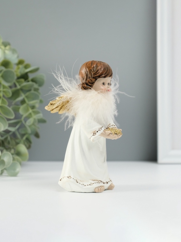 Сувенир полистоун "Ангелочек со звёздами в ладонях" пух, золотые крылья 8,5х7х13 см
