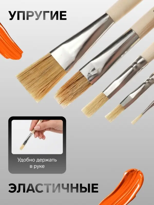 Набор кистей для рисования, щетина, 5 штук: №: 2, 6, 10, 16, 24, Calligrata, плоские, деревянная ручка, в пакете