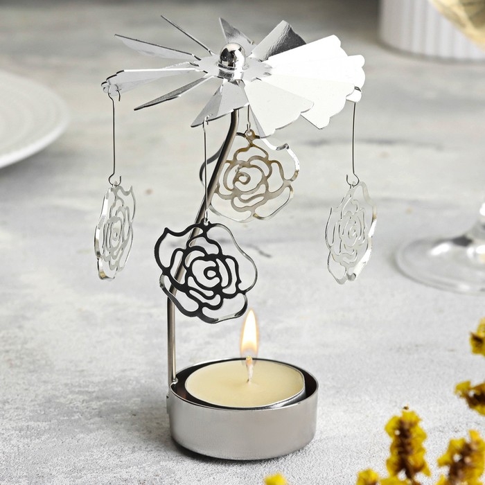 Подсвечник вращающийся Подсвечник вращающийся "Карусель с цветами", серебряная, металл