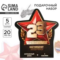 Подарочный набор, блок 20 листов + 5 наклеек «23 февраля. Настоящему защитнику»