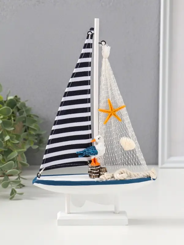 Сувенир дерево "Парусник с чайкой" бело-синий 16,5х4,5х27,5 см