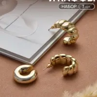 Серьги и каффы QF &laquo;Плетённый бублик&raquo;, набор, цвет золото