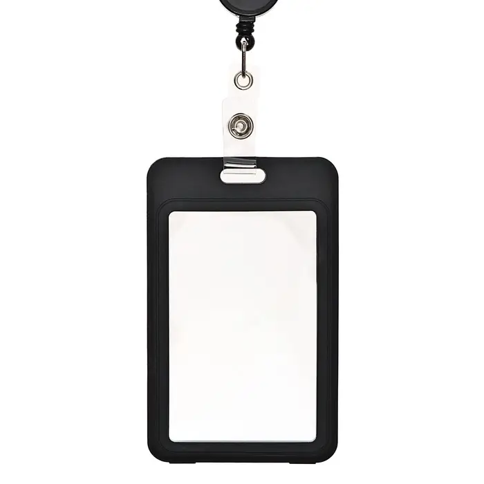 Бейдж - карман вертикальный пластиковый, внешний размер 110&times;70 мм, внутренний размер 85&times;54 мм, рулетка 40 см, чёрный