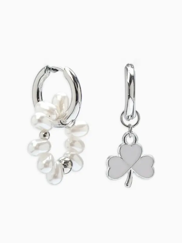 Серьги со съёмным элементом &laquo;Трансформер&raquo;, клевер-сердце, бело-бежевые в серебре