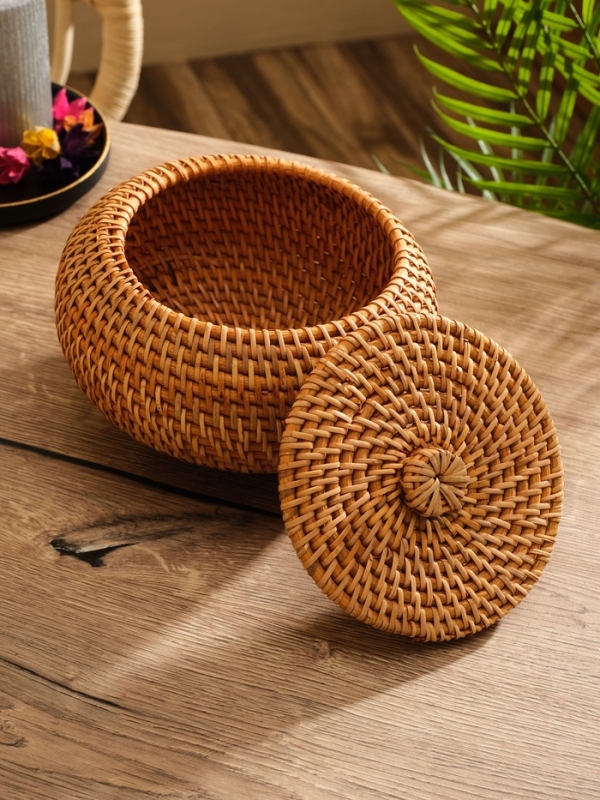 Корзина плетеная с крышкой, ротанг, 20х20х12 см