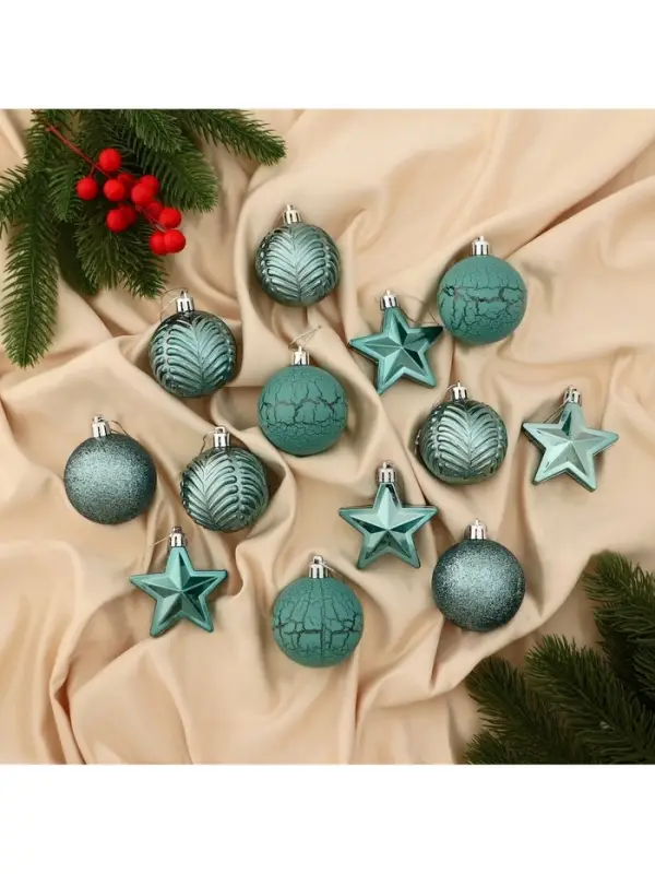 Ёлочные игрушки &laquo;Мелодия&raquo; звезда, шары новогодние, набор 13 шт., 6 см, зелёный