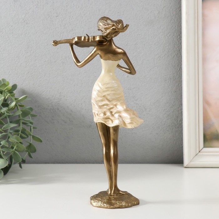 Сувенир полистоун "Скрипачка" песочная с бронзой 13х9,5х25 см