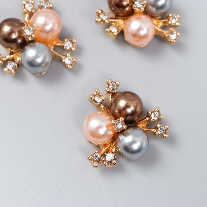 Декор для творчества металл Декор для творчества металл "3 жемчужины со стразами" серебристо-персик. набор 5 шт 2х2 см