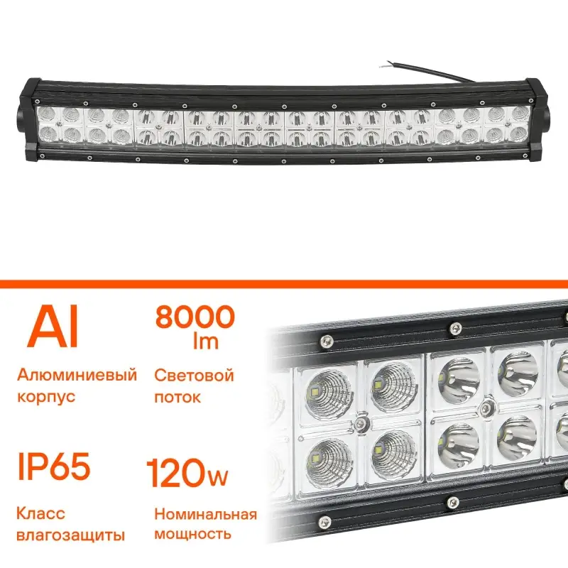 Фара (балка) светодиодная двухрядная изогн., 40LED, комбин. свет, 120Вт, 555х78х60мм, 12/24В, PRO