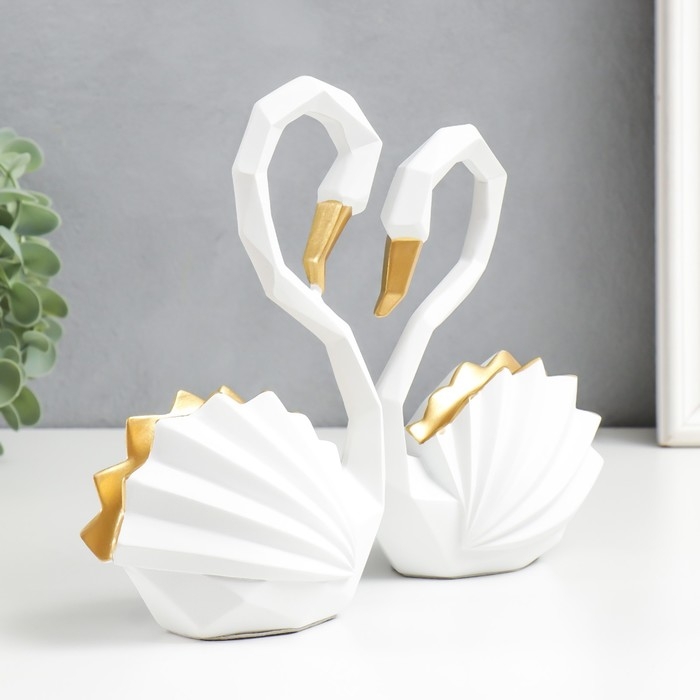 Сувенир полистоун Сувенир полистоун "Лебеди, крылья гофре" белый с золотом набор 2 шт 17,5х12,5х7 20х14х7 см