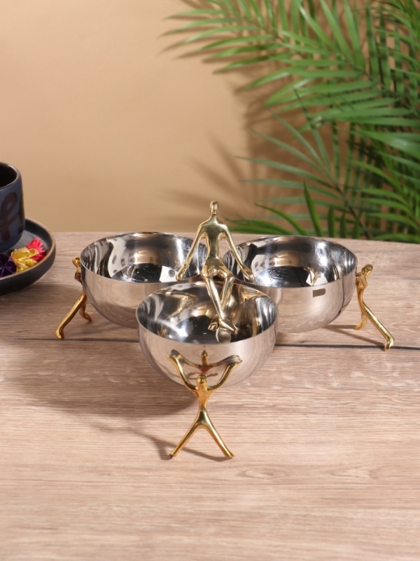 Менажница "Единство" 3 чаши, 27х27х14 см, нержавеющая сталь, латунь