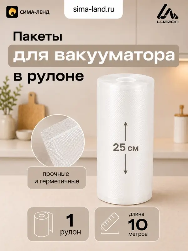 Пакеты для вакууматора в рулоне Luazon, рифлёные, 25&times;1000 см, 190 мкм