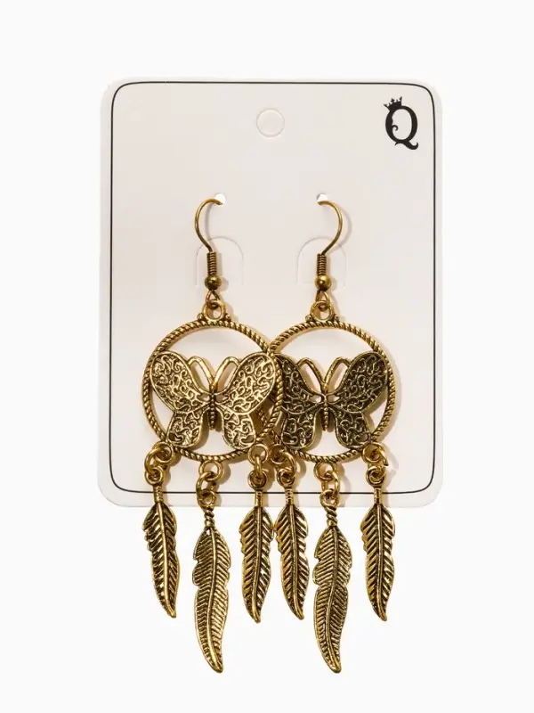 Серьги метал Серьги метал "Аутентичность" бабочка с перьями, цвет чернёное золото