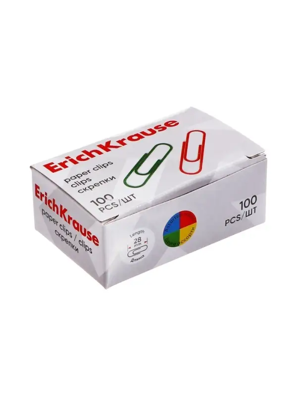 Скрепки канцелярские ErichKrause, 28 мм, 100 штук, цветные с виниловым покрытием, картонная упаковка, МИКС