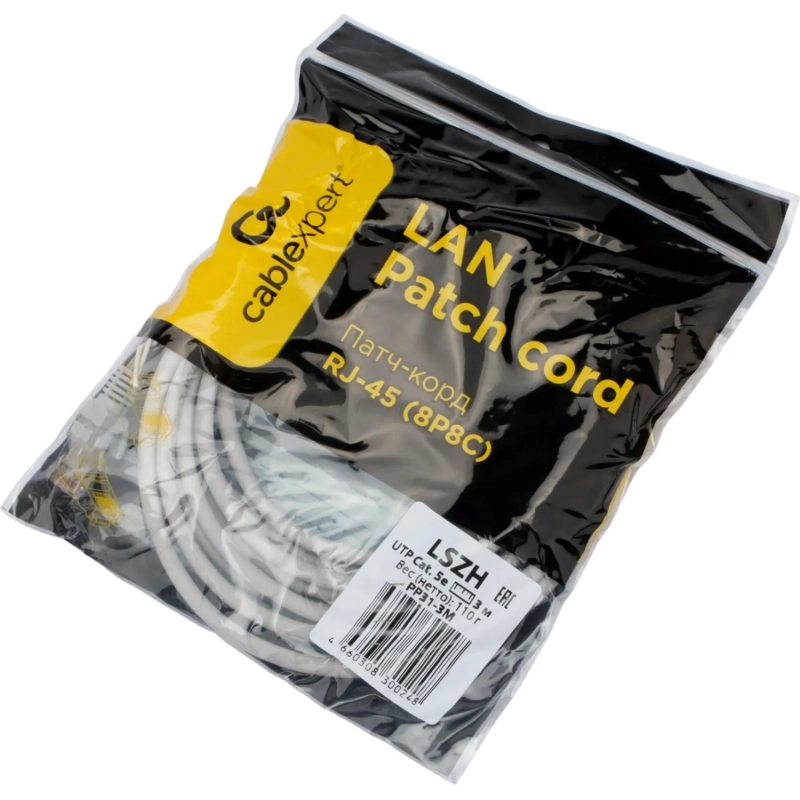 Патч-корд LSZH UTP Cablexpert кат.5e, 3м, литой, многожильный (серый)