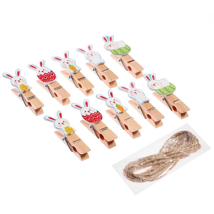 Прищепки декоративные «Зайчики и яички» набор 10 шт., 1.5 × 12 × 14 см Прищепки декоративные «Зайчики и яички» набор 10 шт., 1.5 × 12 × 14 см