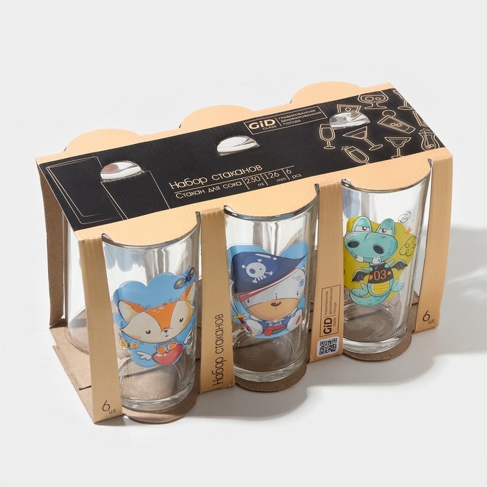 Набор стаканов «Верные друзья», стеклянный, 230 мл, 6 шт, рисунок микс Набор стаканов «Верные друзья», стеклянный, 230 мл, 6 шт, рисунок микс