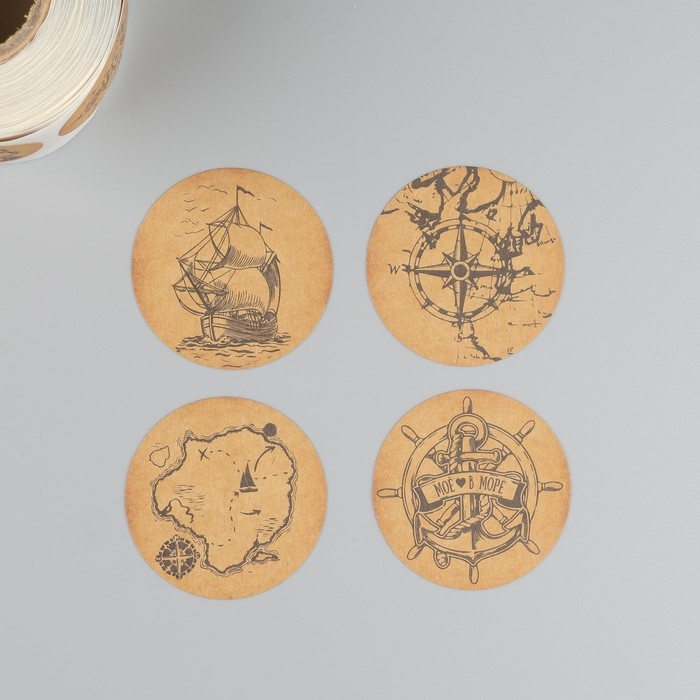 Наклейка бумага Наклейка бумага "Море. Корабль" крафт d=3,8 см 252 шт в рулоне