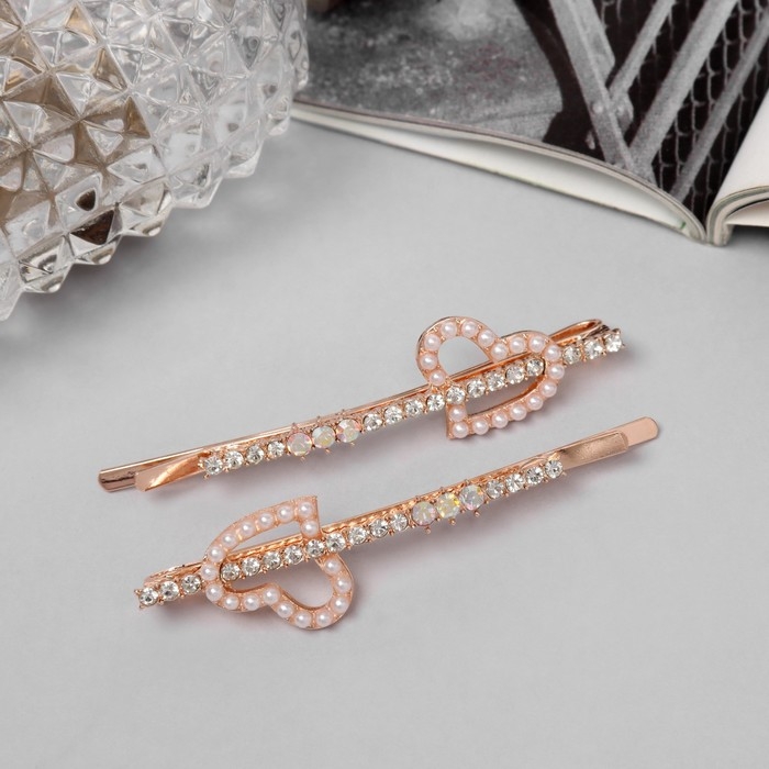 Невидимка для волос "Глория" (набор 2 шт) сердце, 6 см, розовое золото