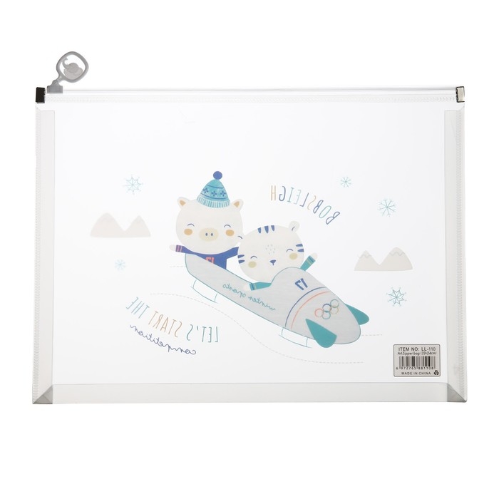 Папка-конверт на молнии формат А4, 180мкр, с рисунком Папка-конверт на молнии формат А4, 180мкр, с рисунком "Звери", МИКС