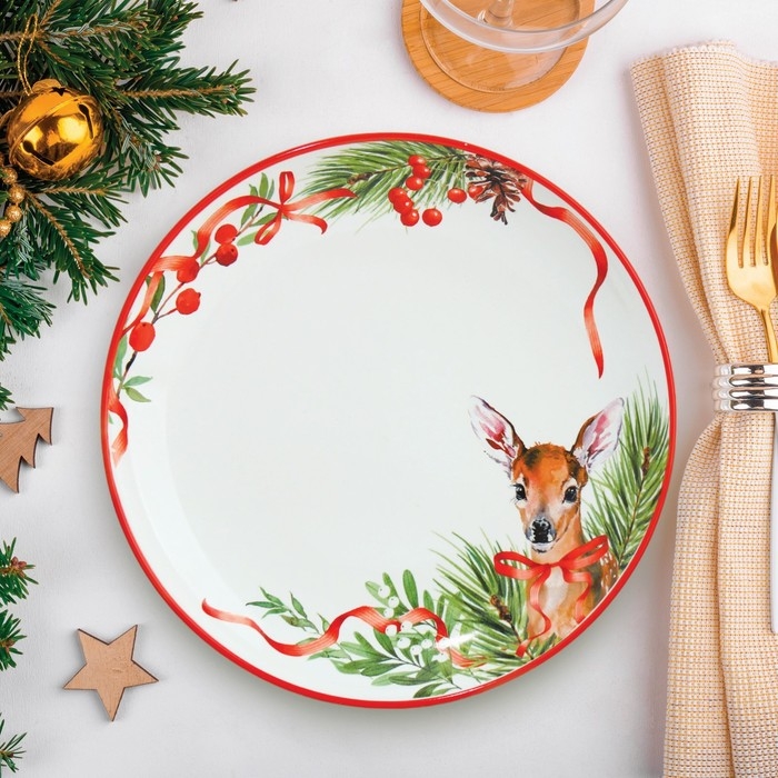 Новый год. Тарелка керамическая «Новогодняя сказка» красная, 22.5 см, цвет белый Новый год. Тарелка керамическая «Новогодняя сказка» красная, 22.5 см, цвет белый