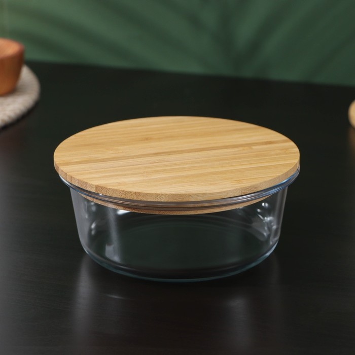 Контейнер для еды из жаропрочного стекла с бамбуковой крышкой BellaTenero «Эко», 620 мл, 15×6,5 см