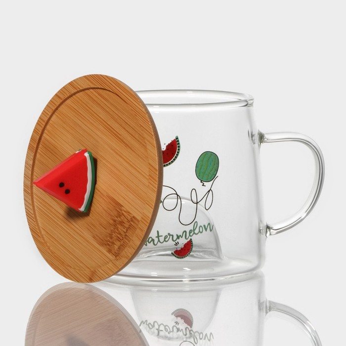 Кружка стеклянная с деревянной крышкой «Арбузик», 300 мл