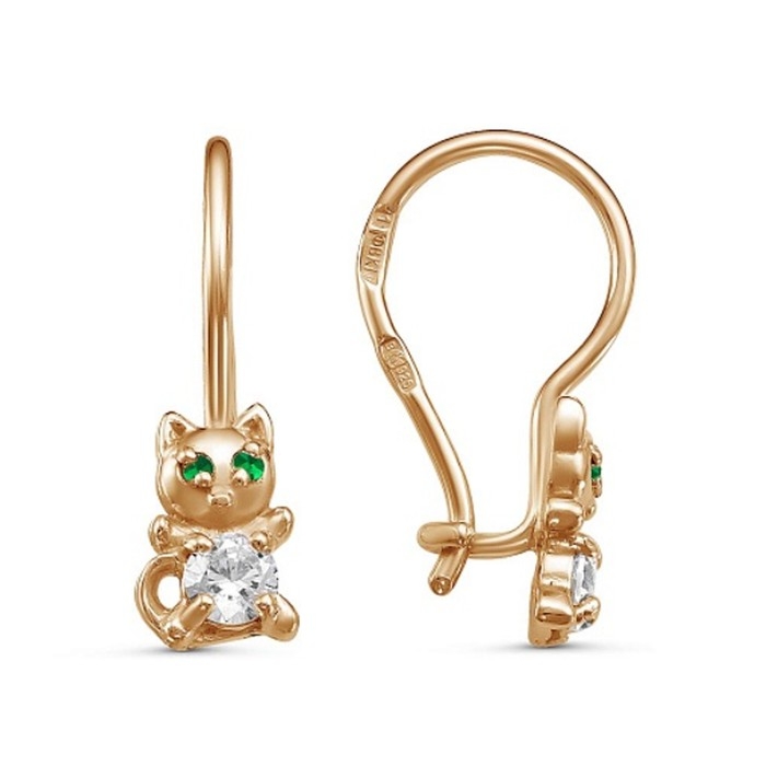 Серьги детские «Котёнок» малыш, розовое золочение, цвет бело-зелёный Серьги детские «Котёнок» малыш, розовое золочение, цвет бело-зелёный