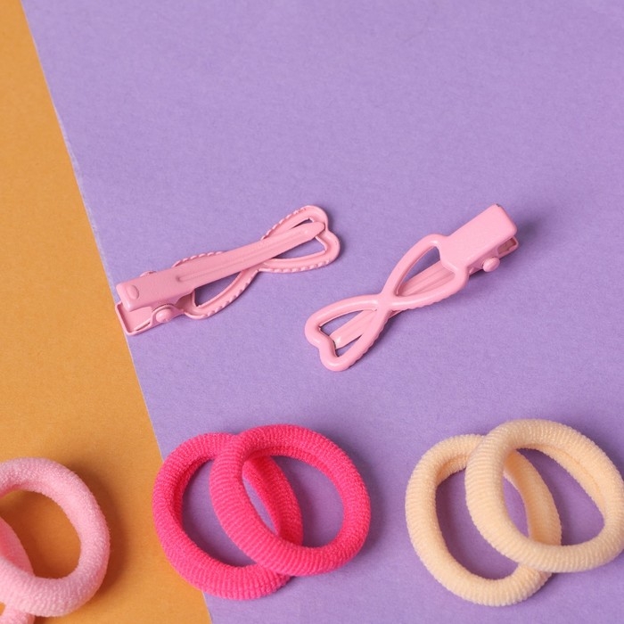 Набор для волос Набор для волос "Карамель" (10 резинок 1,5 см, 2 зажима 3 см) сердечки, розовый