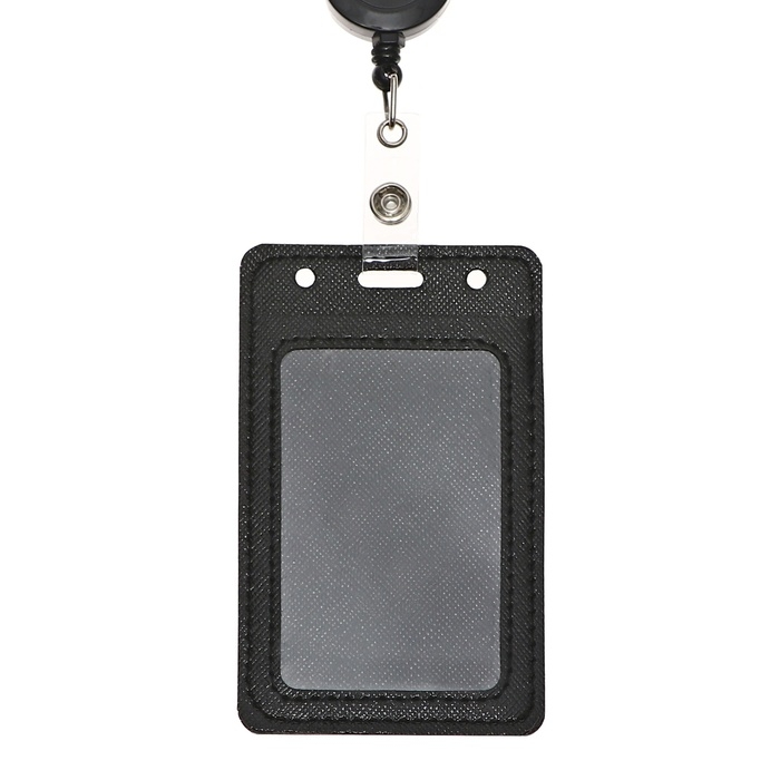 Бейдж-карман вертикальный кожзам, внешний 110x68мм, внутренний 85x54мм, рулетка 60см, чёрный. Бейдж-карман вертикальный кожзам, внешний 110x68мм, внутренний 85x54мм, рулетка 60см, чёрный.