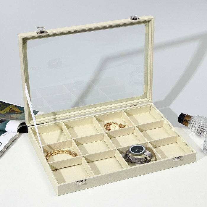 Подставка для украшений &laquo;Шкатулка&raquo; 12 ячеек, стеклянная крышка, цвет бежевый