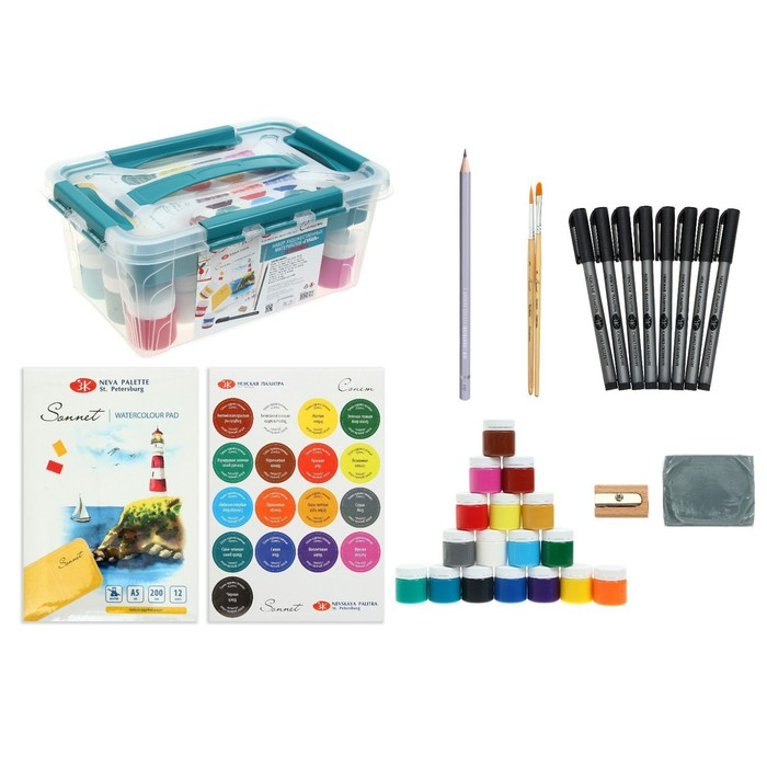 Набор художественный для рисования 32 предмета, ЗХК Набор художественный для рисования 32 предмета, ЗХК "Сонет" (гуашь 17 цветов + линеры 8 штук + сопутствующие материалы) в пластиковом боксе