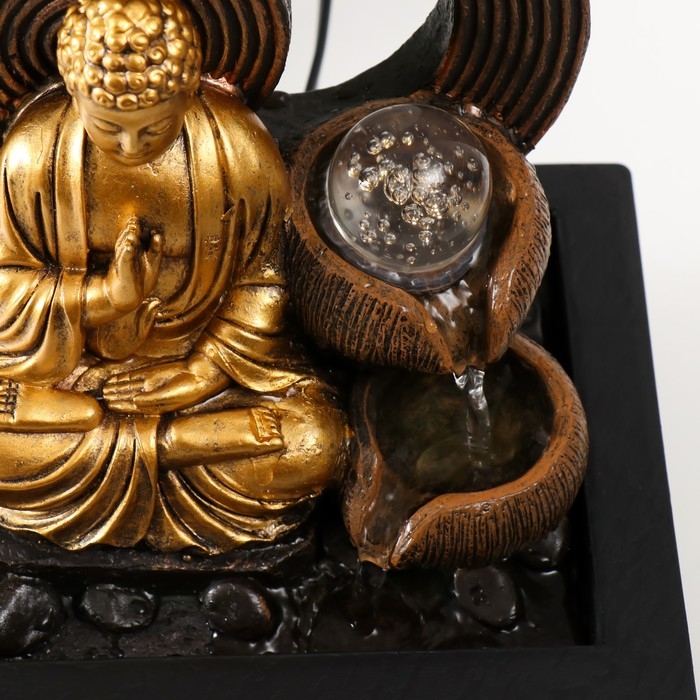 Фонтан настольный от сети, подсветка  Фонтан настольный от сети, подсветка "Золотой Будда у фонтана с кольцами" 21х17,5х26 см