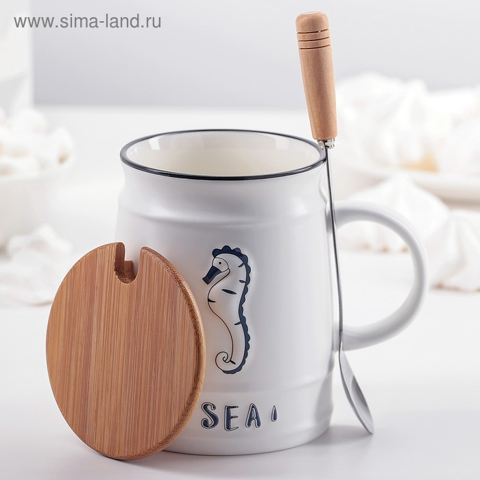 Кружка керамическая с деревянной крышкой и ложкой «Морская», 400 мл, рисунок МИКС Кружка керамическая с деревянной крышкой и ложкой «Морская», 400 мл, рисунок МИКС