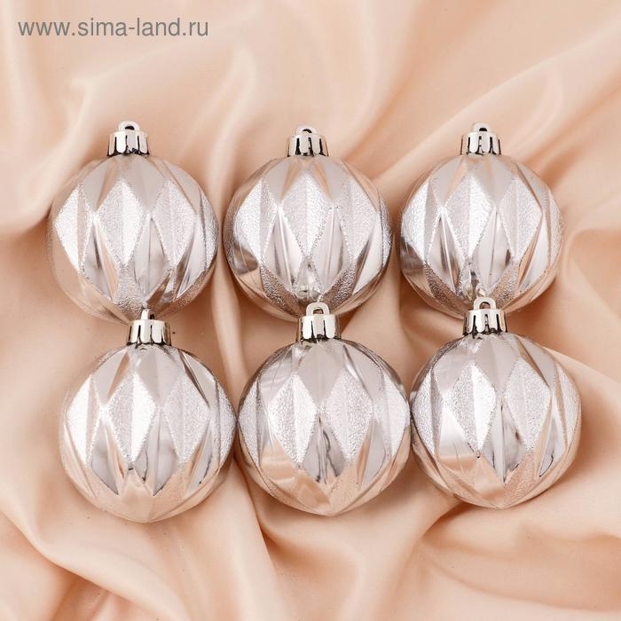 Ёлочные игрушки, шары новогодние , пластик, набор d-6 см, 6 шт Ёлочные игрушки, шары новогодние , пластик, набор d-6 см, 6 шт "Иллюзия" серебро