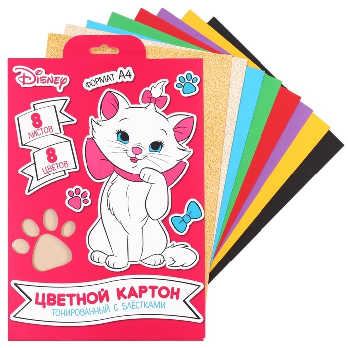 Картон цветной с блёстками, А4, 8 листов, 8 цветов, немелованный, двусторонний, в папке, 250 г/м², Коты Аристократы Картон цветной с блёстками, А4, 8 листов, 8 цветов, немелованный, двусторонний, в папке, 250 г/м², Коты Аристократы