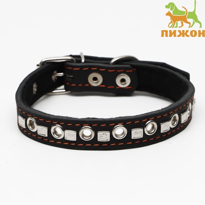 Ошейник кожаный  на синтепоне украшенный, безразмерный, 47 х 2 см, ОШ 28-39 см, чёрный Ошейник кожаный  на синтепоне украшенный, безразмерный, 47 х 2 см, ОШ 28-39 см, чёрный