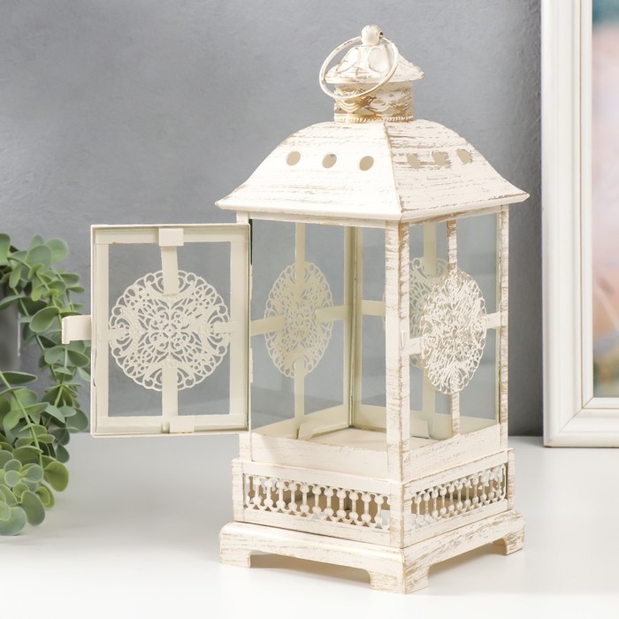 Подсвечник металл, стекло Подсвечник металл, стекло "Фонарь - круглый цветок" белый с патиной 12,5х12,5х30см