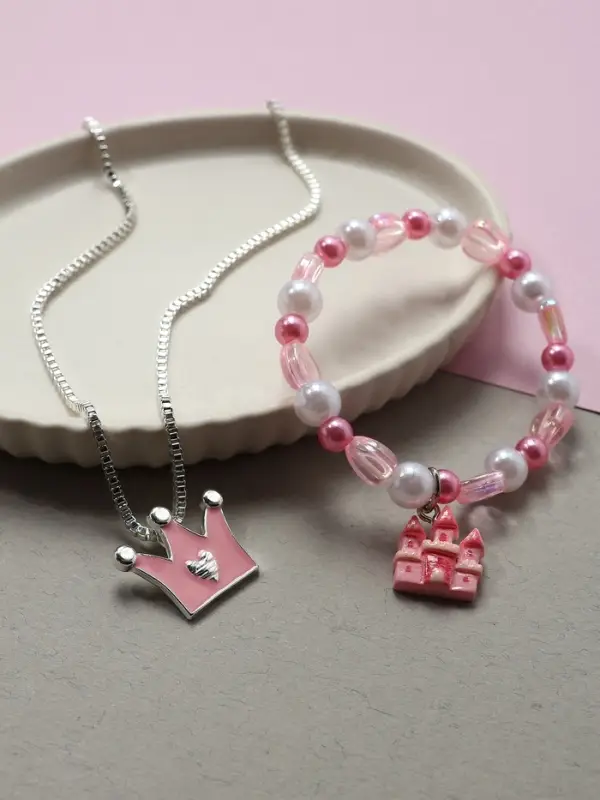 Набор детский &laquo;Выбражулька. Корона&raquo;, 2 предмета: кулон, браслет, замок, белый, розовый