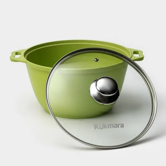 Кастрюля KUKMARA Trendy style, 4 л, d=24 см, h=14.5 см, стеклянная крышка, антипригарное покрытие, литой алюминий, зелёная
