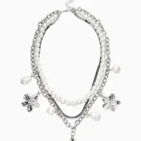 Колье медь "Жемчуг с цветами" (набор 3шт), 34/36/40см цвет белый в серебре