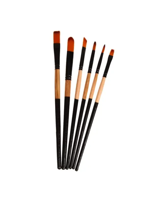 Набор кистей для рисования, нейлон, 6 штук, круглые, плоские, деревянная ручка, международный размер