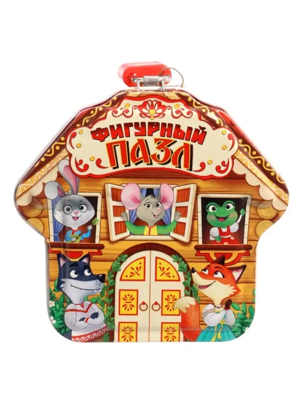Фигурный пазл в металлической копилке с замочком "Теремок", 40 деталей